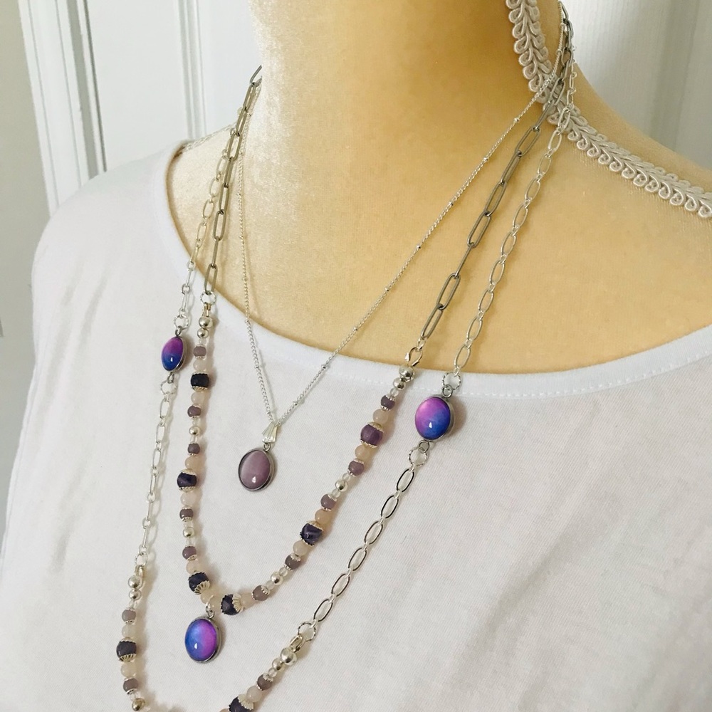 Handmade Pop of Color 3 Piece Necklace Set-Glass Cabochon-Gemstone-Amethyst